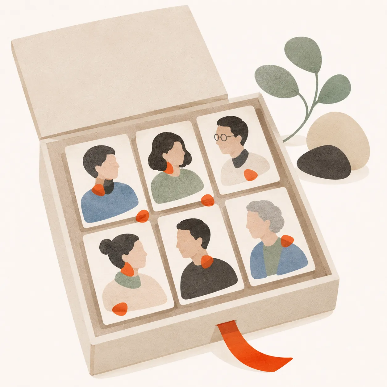 人ごとのカードが並んだ箱。それぞれにオレンジの小さなかけらが添えてある
